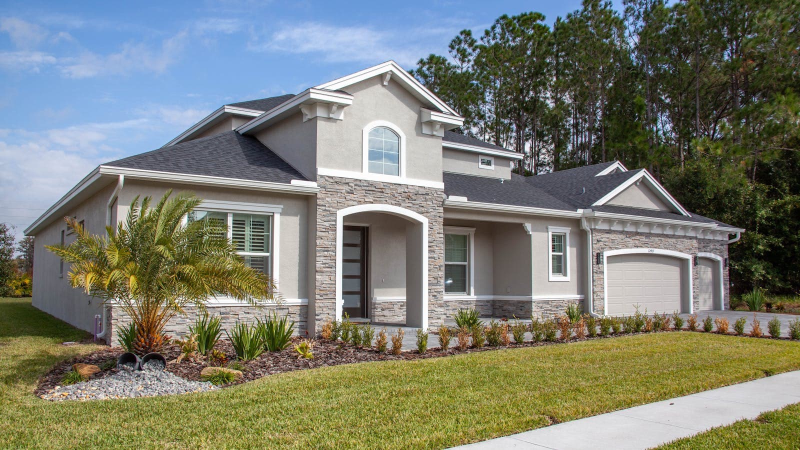 Solar panels installed on a Florida home roof with sunny sky background
