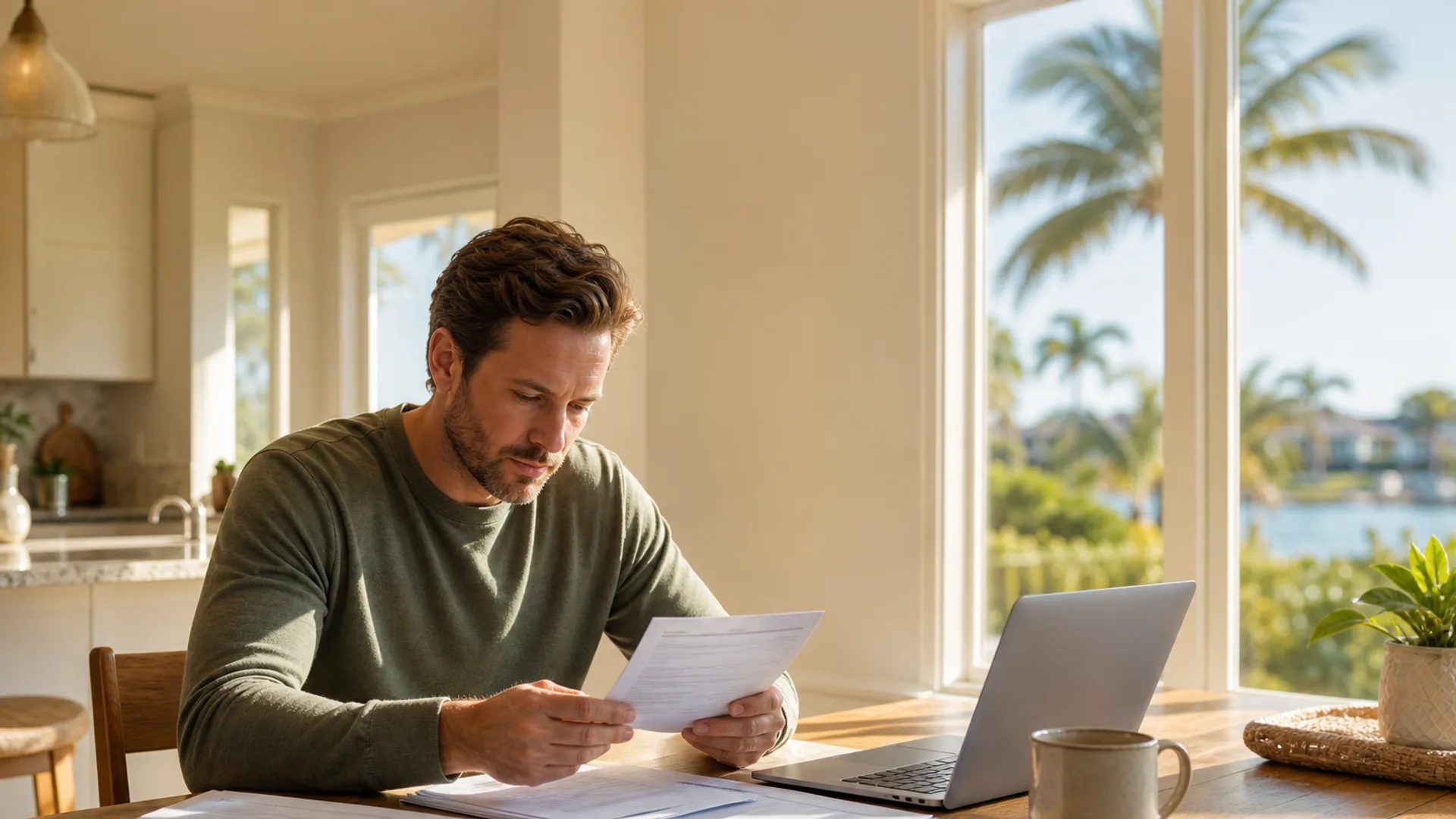 Florida homeowner at kitchen table reviewing mortgage documents with laptop and calculator